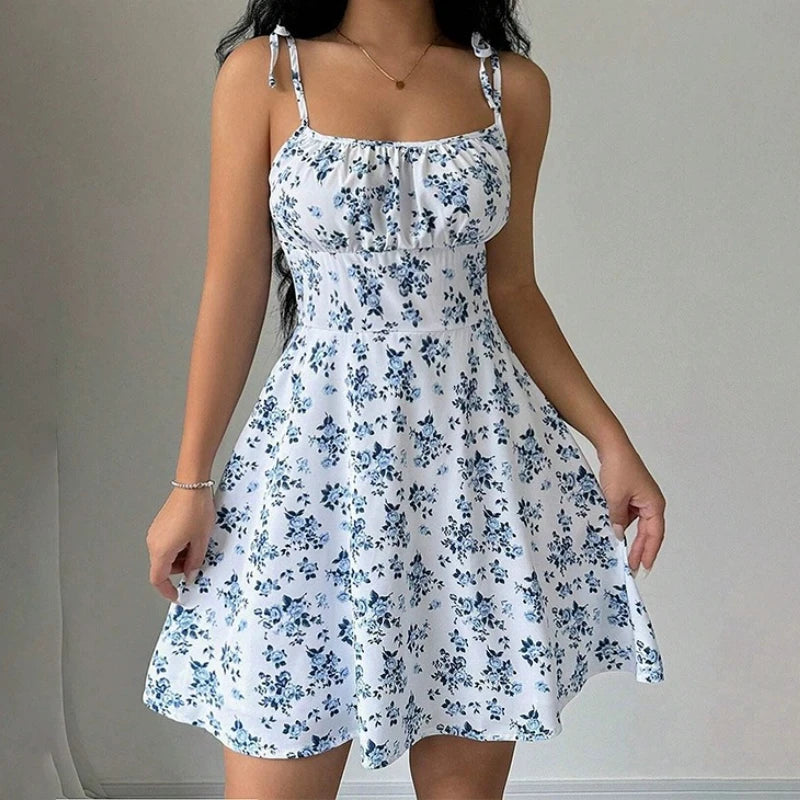 Dames zomer bloemen spaghetti strand korte jurk, damesjurken, dameskleding, dameskleding, zonnejurk, nieuw in jurk 2025