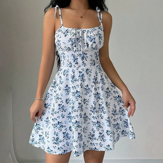 Dames zomer bloemen spaghetti strand korte jurk, damesjurken, dameskleding, dameskleding, zonnejurk, nieuw in jurk 2025