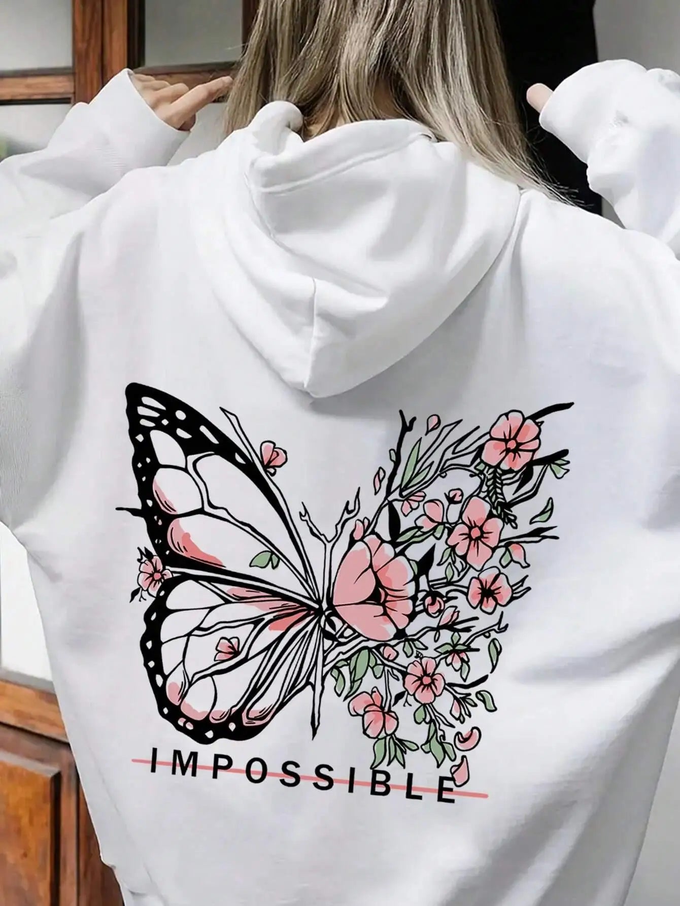 Rose Butterfly Impossible Letter Grafische Print Dames Sweatshirt Mode Warme Capuchon Losse Casual Hoodies Fleece Zachte Kleding