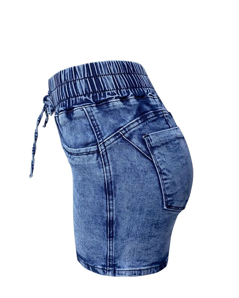 DongCMY Luxury fashion slim spring/summer new slim denim shorts women's high waist elastic waist lace-up hot pants