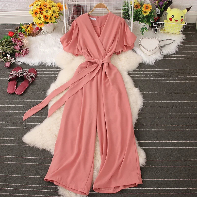 2026 New Summer Korean Chic Solid V-neck Lace-up Pocket Jumpsuits Women Elegant Wide Leg Pants Back Zip Jumpsuit