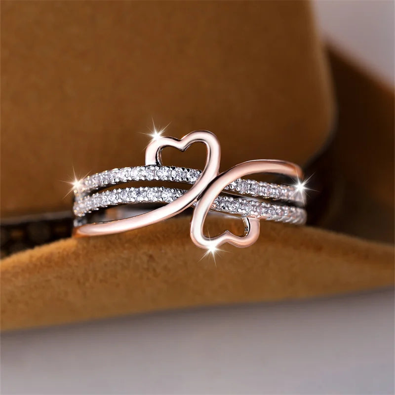 Two Tone Rose Gold Silver Color Double Heart Rings For Women White Zircon Ins Infinity Wedding Bands Bridal Engagement Jewelry