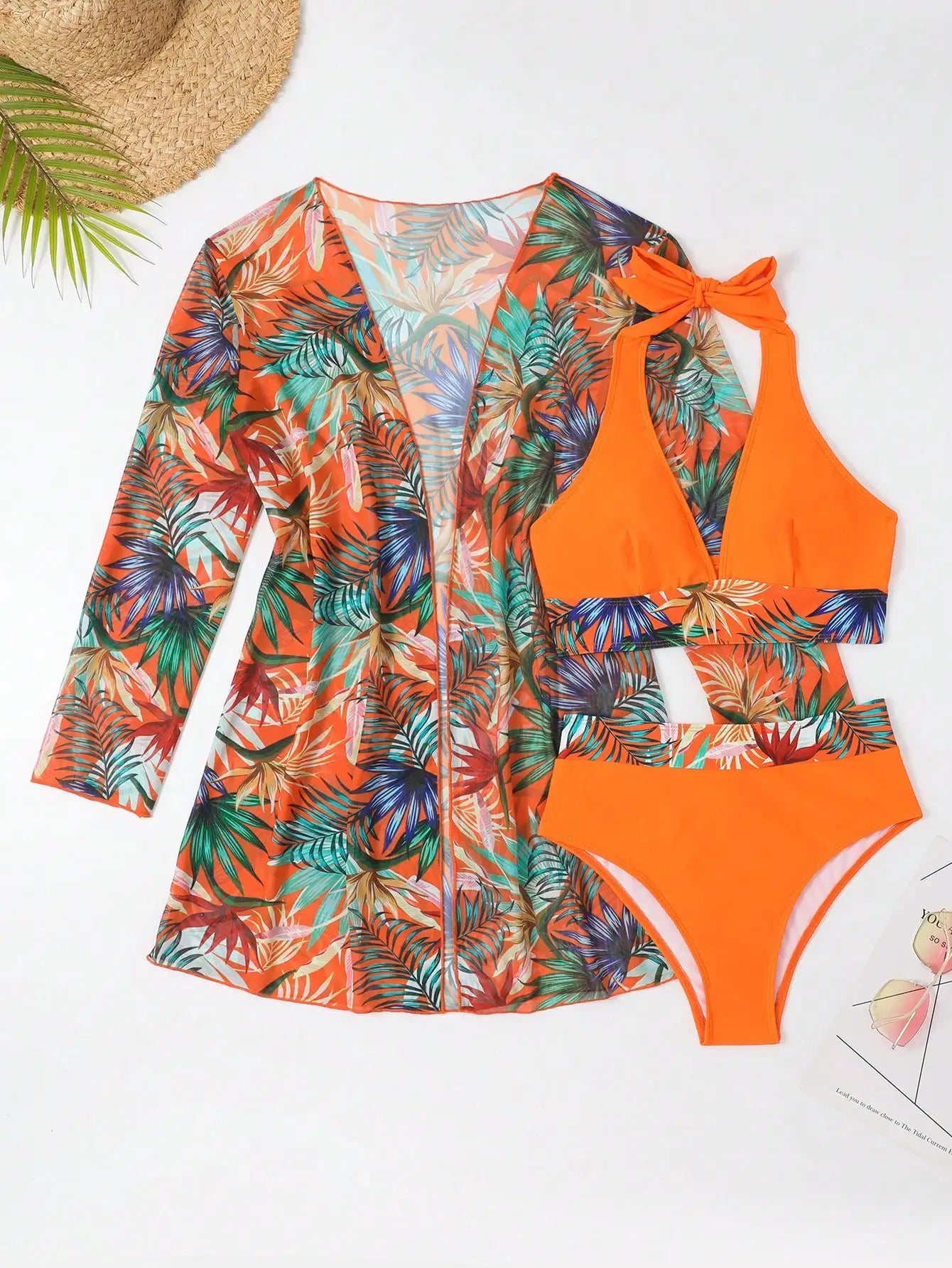 Halter Print Bikini Sets 3 STKS Vrouwen Badpak Met Kimono Hoge Taille Badmode Vrouwelijke Zwemmers Zwemmen Zwemmen Pak Beachwear