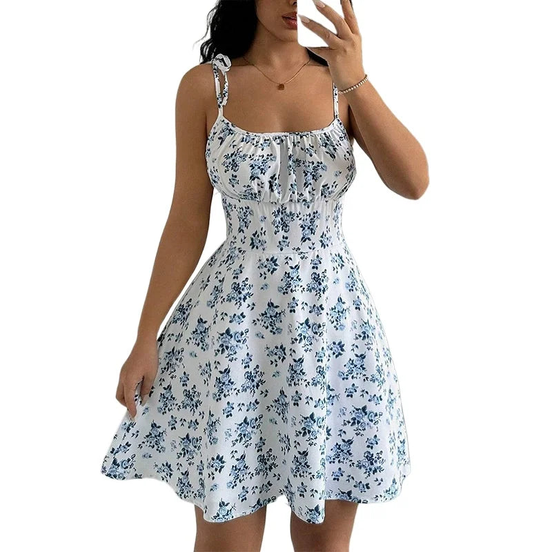 Dames zomer bloemen spaghetti strand korte jurk, damesjurken, dameskleding, dameskleding, zonnejurk, nieuw in jurk 2025