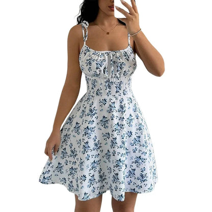 Dames zomer bloemen spaghetti strand korte jurk, damesjurken, dameskleding, dameskleding, zonnejurk, nieuw in jurk 2025