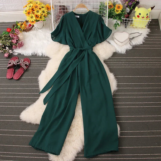 2026 New Summer Korean Chic Solid V-neck Lace-up Pocket Jumpsuits Women Elegant Wide Leg Pants Back Zip Jumpsuit
