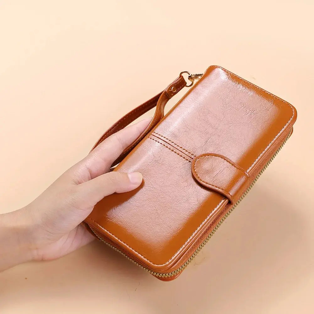 Vintage oliewas PU lederen clutch portemonnee voor dames - telefoontasje met grote capaciteit en polsbandje, eenvoudige kaarthouder buideltas