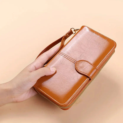 Vintage oliewas PU lederen clutch portemonnee voor dames - telefoontasje met grote capaciteit en polsbandje, eenvoudige kaarthouder buideltas