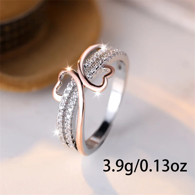 Two Tone Rose Gold Silver Color Double Heart Rings For Women White Zircon Ins Infinity Wedding Bands Bridal Engagement Jewelry
