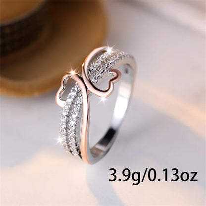 Two Tone Rose Gold Silver Color Double Heart Rings For Women White Zircon Ins Infinity Wedding Bands Bridal Engagement Jewelry
