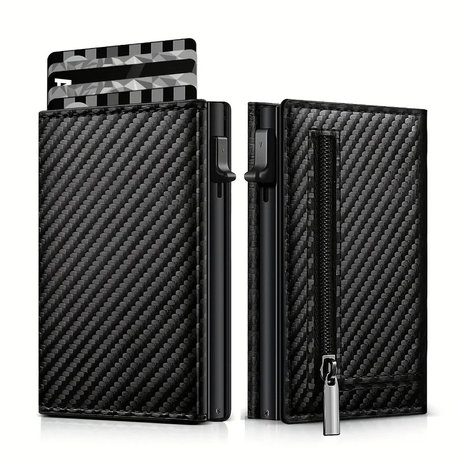 Men's Carbon Fiber Magnetic Card Clip Leather RFID Triple Fold Card with Zipper Wallet Pop Up Smart AirTag Wallet