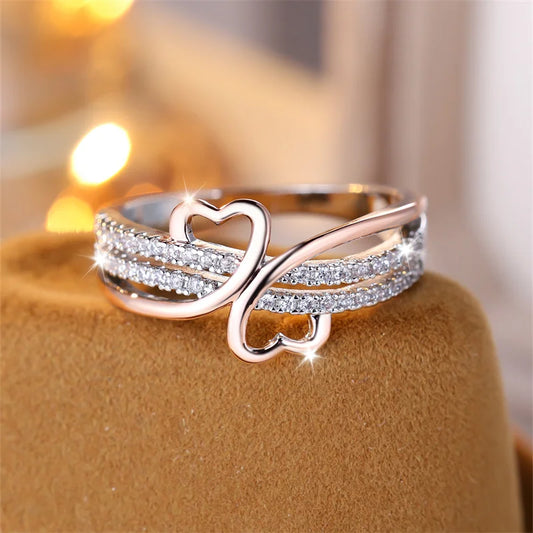Two Tone Rose Gold Silver Color Double Heart Rings For Women White Zircon Ins Infinity Wedding Bands Bridal Engagement Jewelry