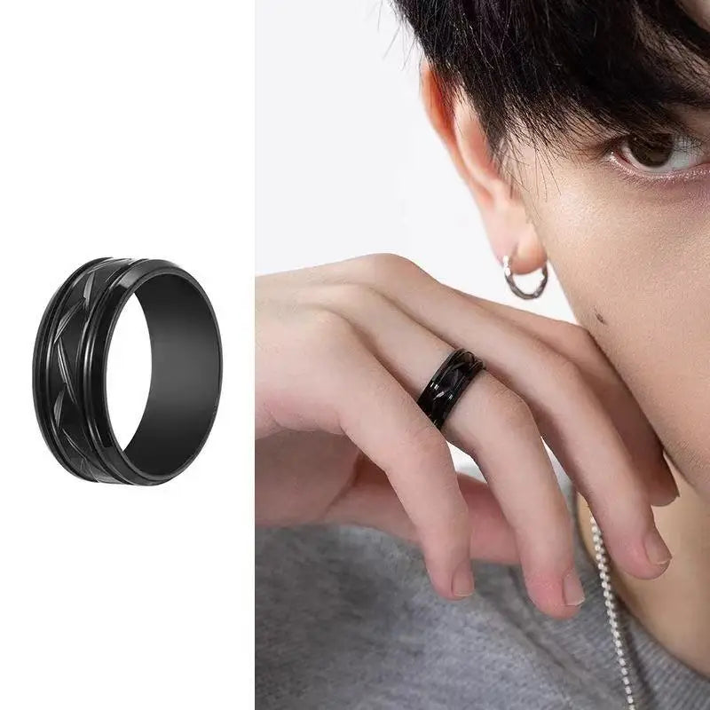 Starry Fleld 8MM Fashion Stainless Steel Black Ring Personalized Simple Groove Design Ring for Men Women Engagement Accessories
