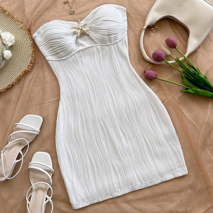Strapless afslankende korte jurk, sexy, puur en sensueel, heupomhulsel, damesmode, feestkleding