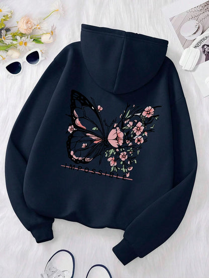Rose Butterfly Impossible Letter Grafische Print Dames Sweatshirt Mode Warme Capuchon Losse Casual Hoodies Fleece Zachte Kleding