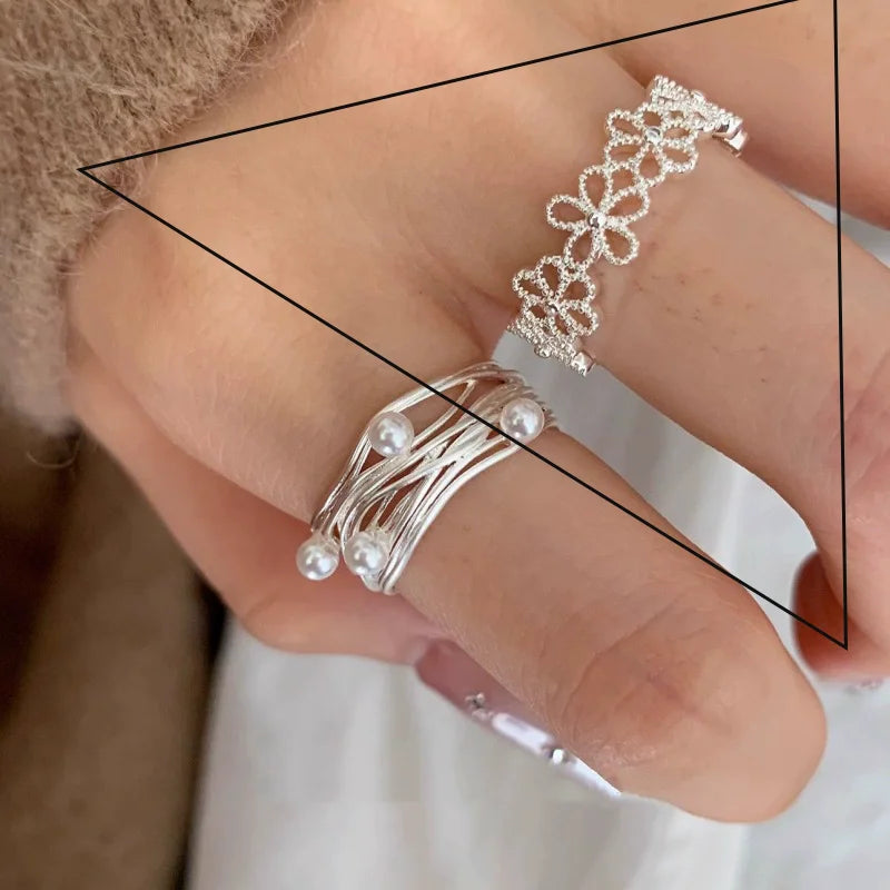 VENTFILLE 925 Sterling Silver Flower Lace Ring Korean Fashion Opening Inlaid CZ Adjustable Rings Valentine's Day Gift