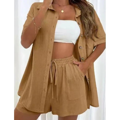 Fashion Black Short Sleeve Shirt And Shorts Two Piece Sets Women 2025 Summer Cotton Linen Casual Home 2 Piece Sets Women Outfit