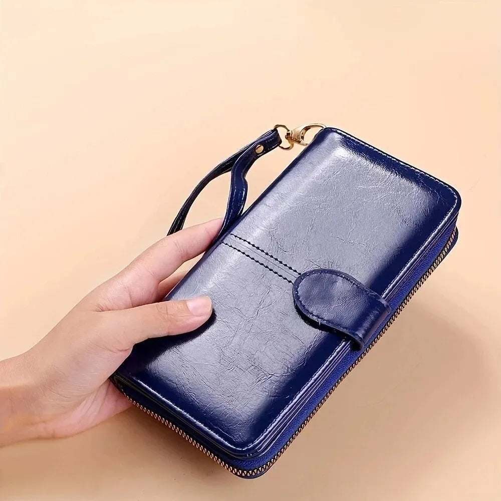 Vintage oliewas PU lederen clutch portemonnee voor dames - telefoontasje met grote capaciteit en polsbandje, eenvoudige kaarthouder buideltas