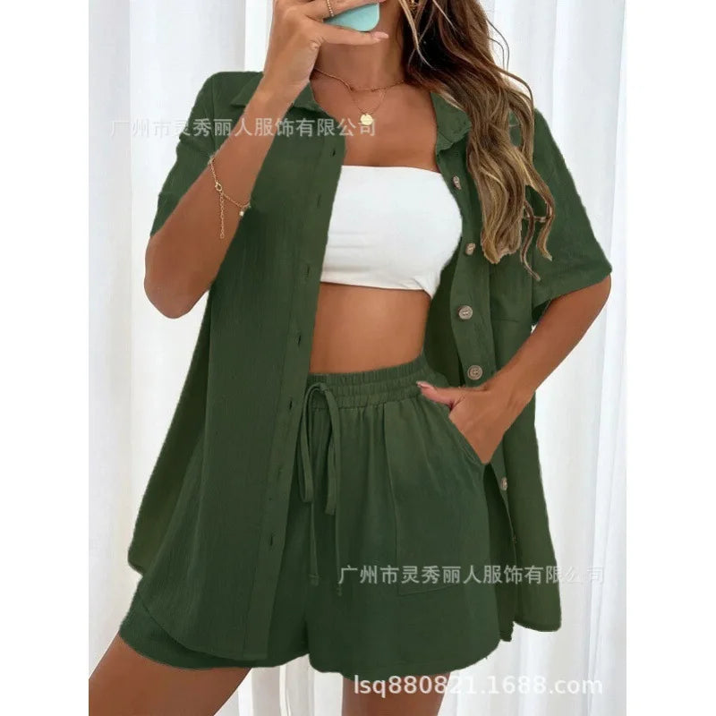 Fashion Black Short Sleeve Shirt And Shorts Two Piece Sets Women 2025 Summer Cotton Linen Casual Home 2 Piece Sets Women Outfit