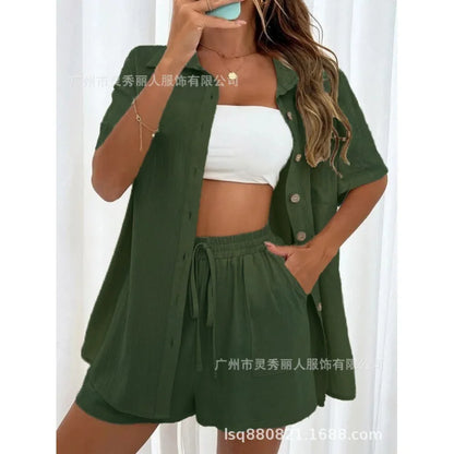 Fashion Black Short Sleeve Shirt And Shorts Two Piece Sets Women 2025 Summer Cotton Linen Casual Home 2 Piece Sets Women Outfit