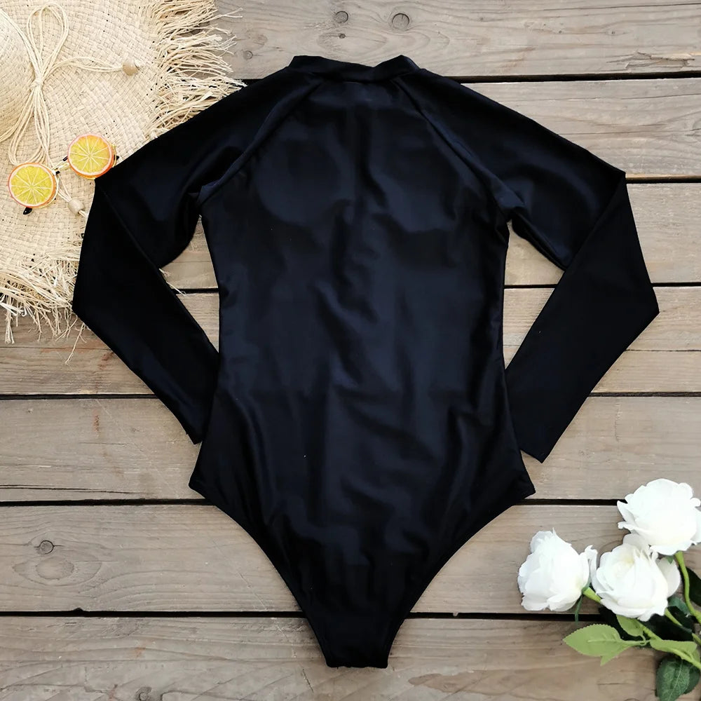 2025 Surfing Sport Swimsuit Long Sleeves Women One Piece Swimsuit  Swimwear Solid Monokini Bathing Suit Tropical Bodysuit Female