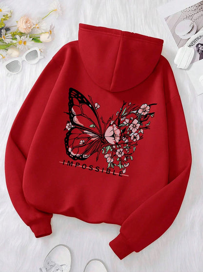 Rose Butterfly Impossible Letter Grafische Print Dames Sweatshirt Mode Warme Capuchon Losse Casual Hoodies Fleece Zachte Kleding