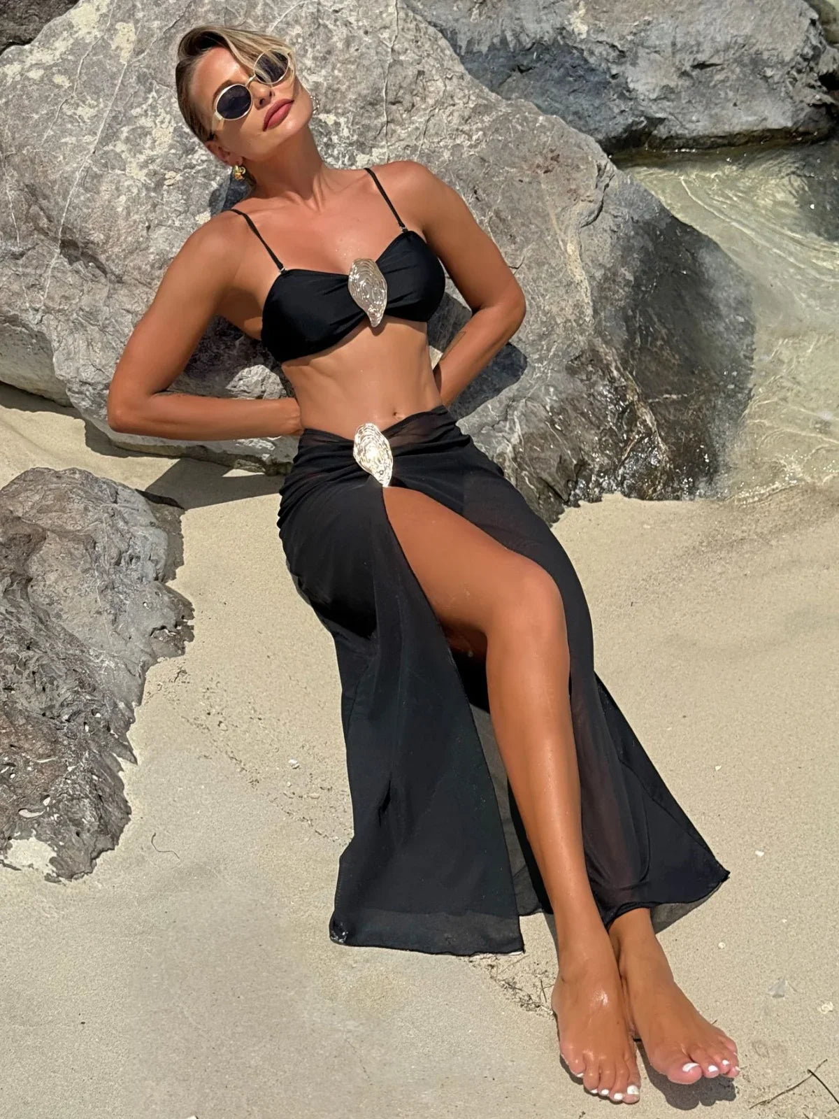 Vintage White Swimsuit Women Metal Oyster Buckle Push Up Mesh Long Skirt 3 Piece Bikini Set 2025 Holiday Bathing Suit Swimwear