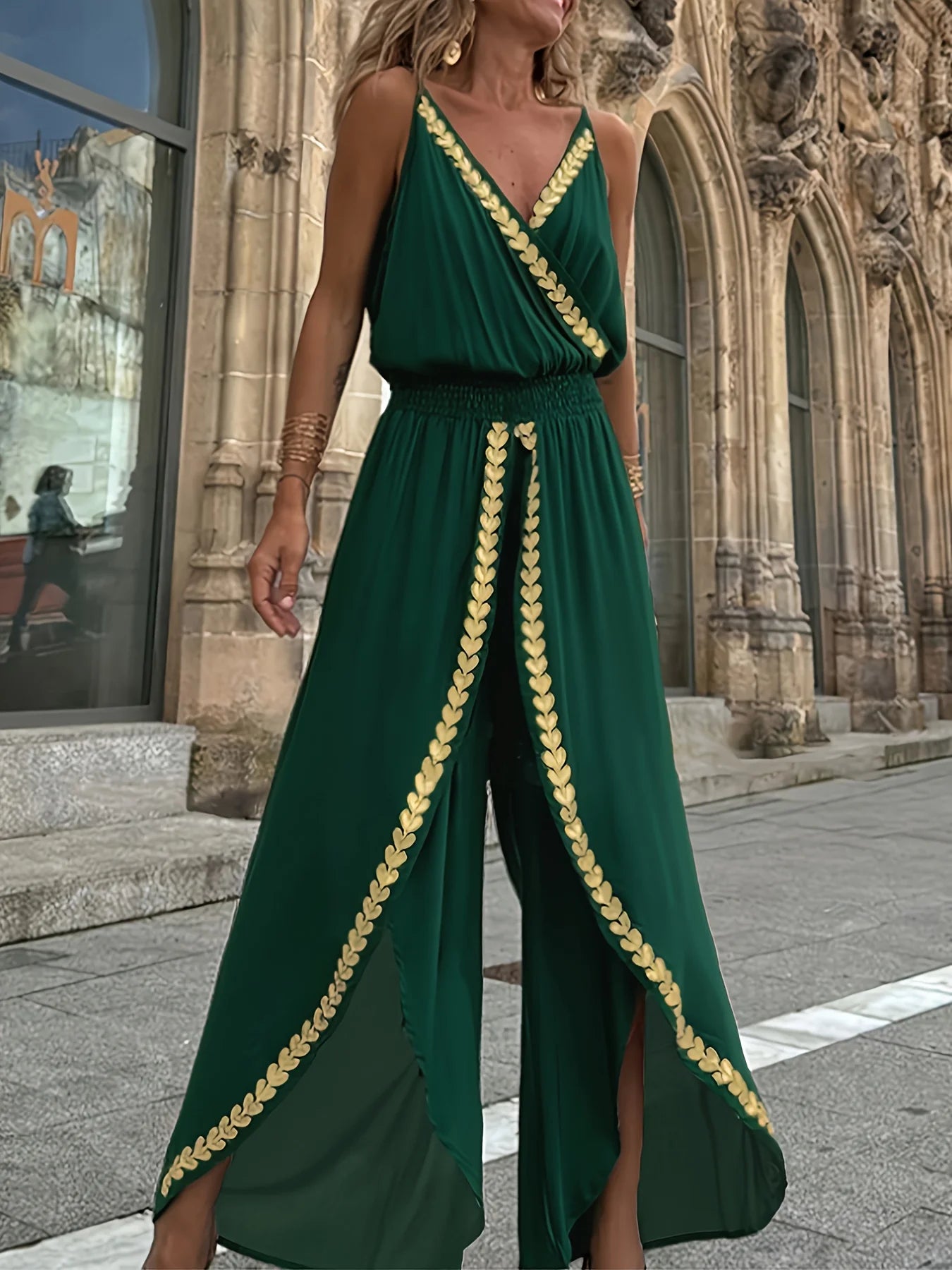Paarse damesjumpsuit met bijgesneden omslag V-hals Hoge taille Gespleten benen Ideaal voor strandvakanties Avondwandelingen Boheemse stijlen