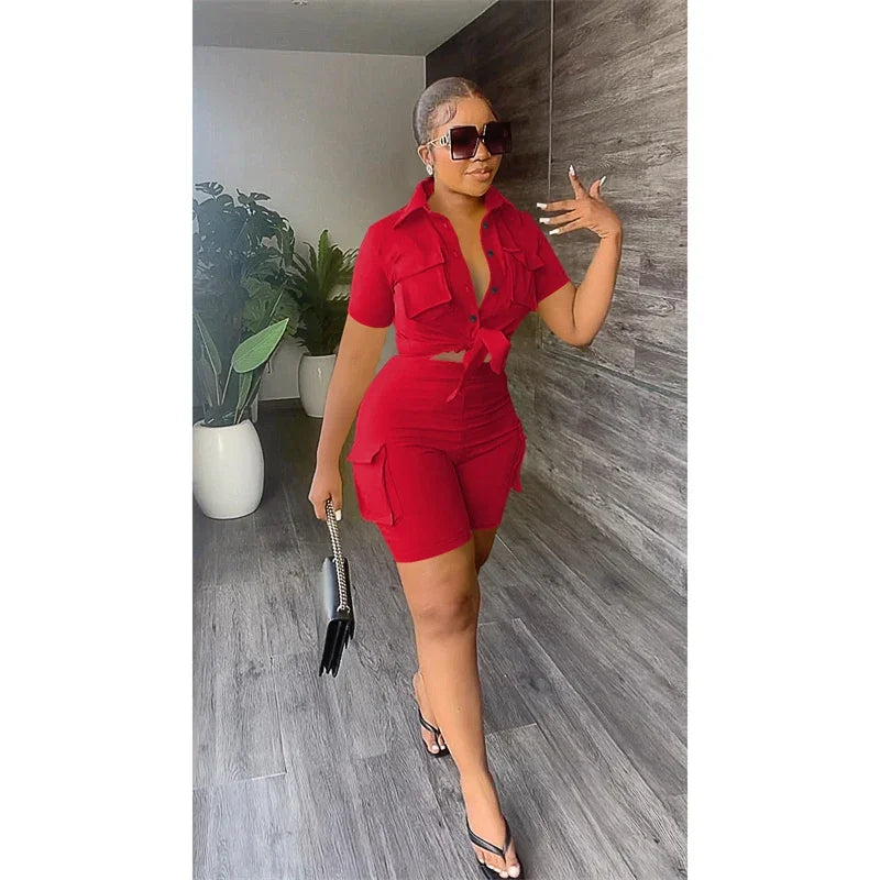 Streetwear tweedelige set voor dames zomeroutfits zakken korte mouw button-up shirt top korte sets party club bijpassende sets