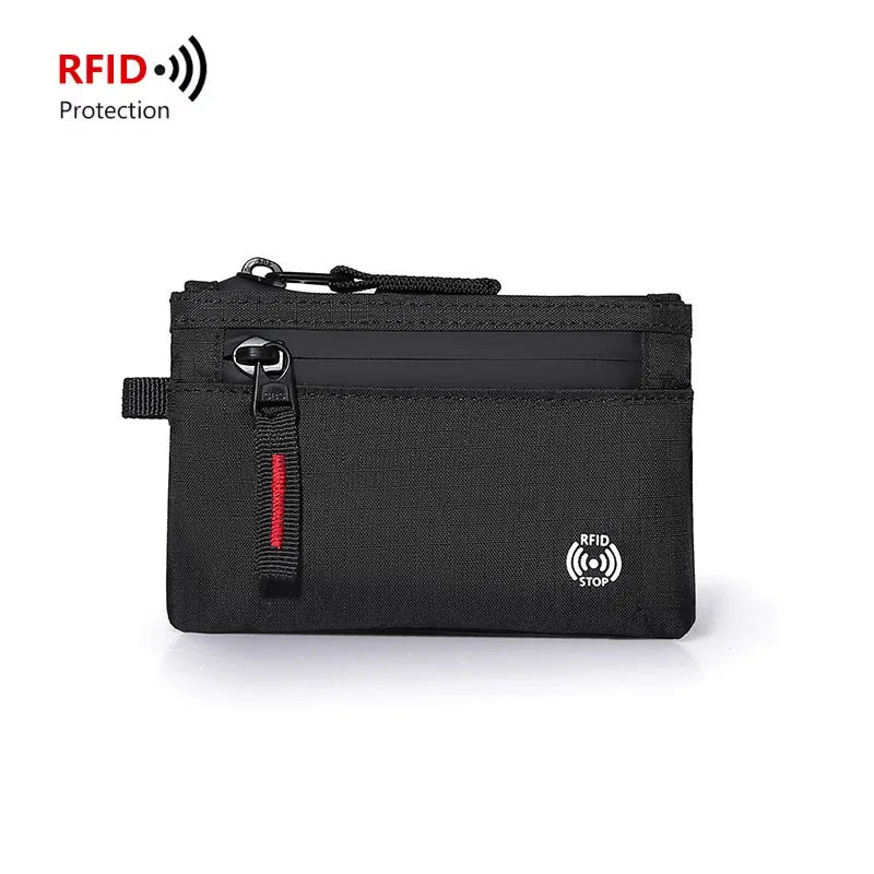 Rfid Credit Card Holder Men Wallets Luxury Nylon Slim Wallet Zipper Key Card Case Male Tactical Purse Coin Purse With Carabiner