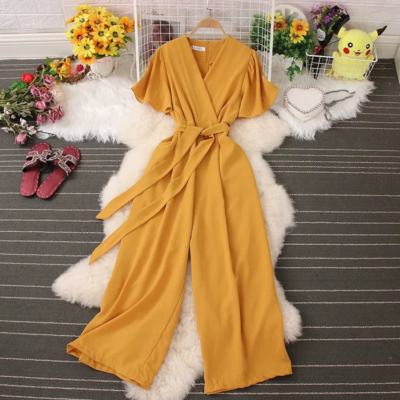 2026 New Summer Korean Chic Solid V-neck Lace-up Pocket Jumpsuits Women Elegant Wide Leg Pants Back Zip Jumpsuit