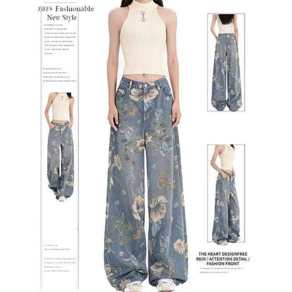 Daisy Vintage Print Gescheurde Jeans Dames Amerikaanse Zomer Nieuwe Hoge Taille Wijde Broek Hiphop Trend Y2K Baggy Rechte Broek