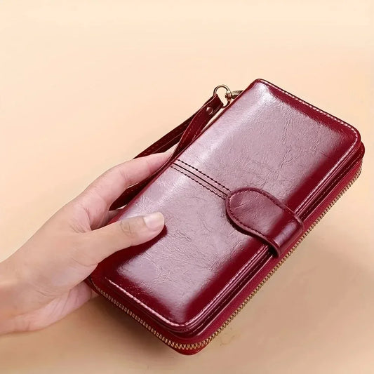 Vintage oliewas PU lederen clutch portemonnee voor dames - telefoontasje met grote capaciteit en polsbandje, eenvoudige kaarthouder buideltas