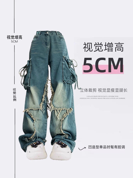 Vrouwen Blue Cargo Jeans Baggy Vintage jaren '90 Esthetische Hoge Taille Cowboy Broek Harajuku Denim Broek Y2k Trashy Jaren 2000 Kleding 2024