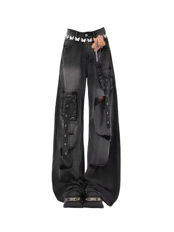 Daisy Vintage Print Gescheurde Jeans Dames Amerikaanse Zomer Nieuwe Hoge Taille Wijde Broek Hiphop Trend Y2K Baggy Rechte Broek
