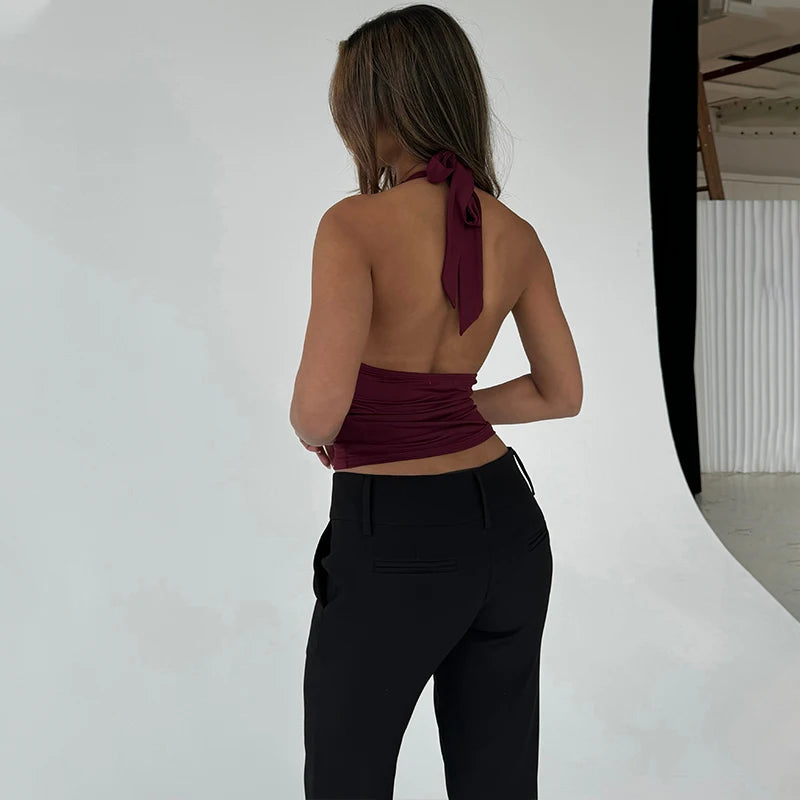 WhereMery V-Neck Sexy Lace Edge Halter Slim Backless Casual Solid Crop Tops Y2K Summer Fashion Streetwear Daily Sweet Cute Vest