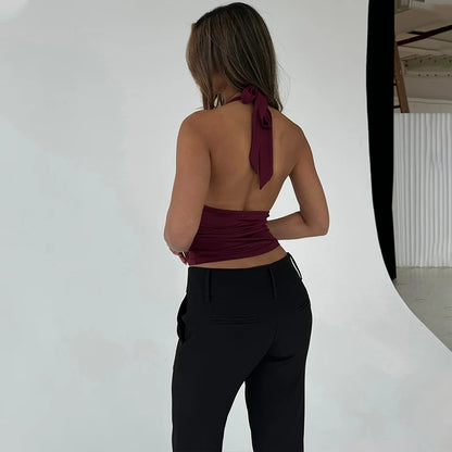WhereMery V-Neck Sexy Lace Edge Halter Slim Backless Casual Solid Crop Tops Y2K Summer Fashion Streetwear Daily Sweet Cute Vest