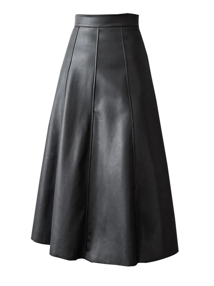 Seoulish Black Faux PU Leather Women's A-Line Skirts 2023 New Autumn Winter High Wasit Solid Chic Umbrella Office Skirts Female