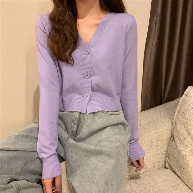 Knitted Cropped Cardigan Women Korean Short Sweater Long sleeve Crop Top V neck Fashion Y2k Clothes Green Blue