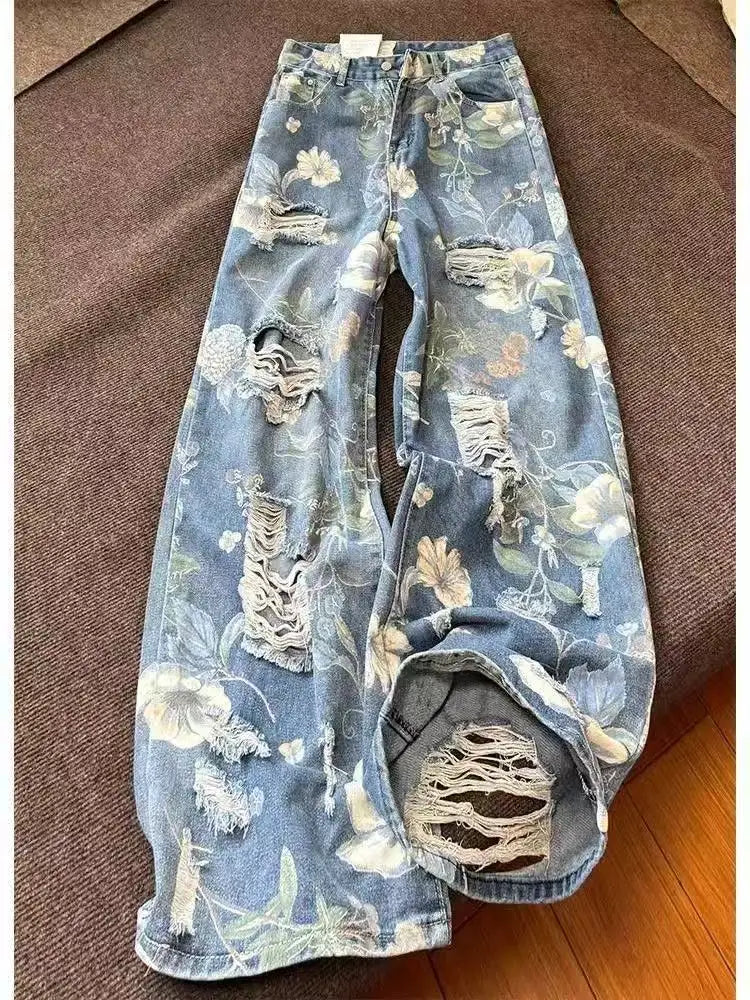 Daisy Vintage Print Gescheurde Jeans Dames Amerikaanse Zomer Nieuwe Hoge Taille Wijde Broek Hiphop Trend Y2K Baggy Rechte Broek