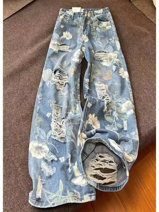 Daisy Vintage Print Gescheurde Jeans Dames Amerikaanse Zomer Nieuwe Hoge Taille Wijde Broek Hiphop Trend Y2K Baggy Rechte Broek