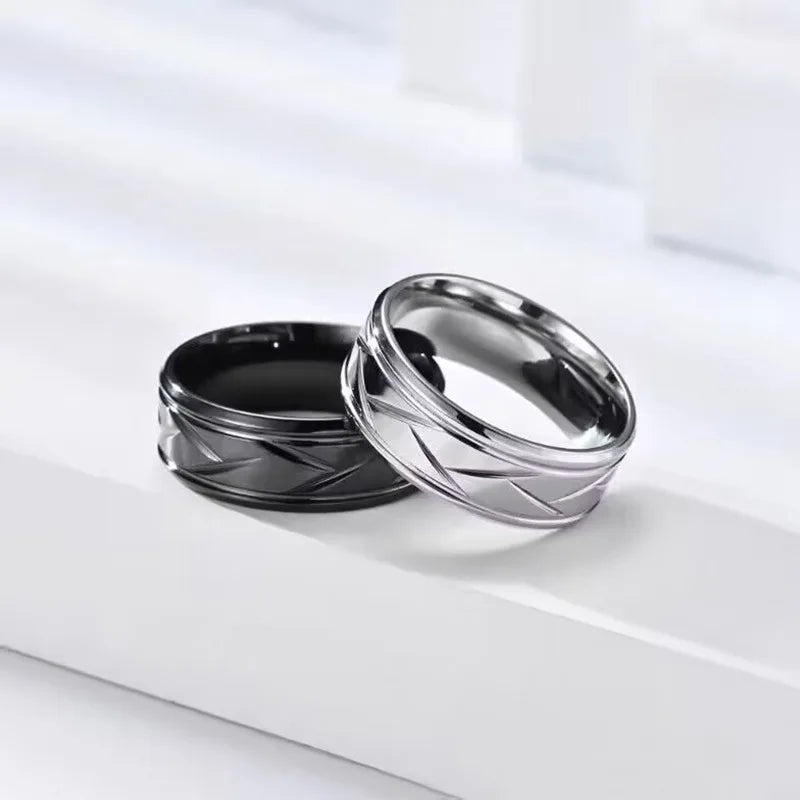 Starry Fleld 8MM Fashion Stainless Steel Black Ring Personalized Simple Groove Design Ring for Men Women Engagement Accessories