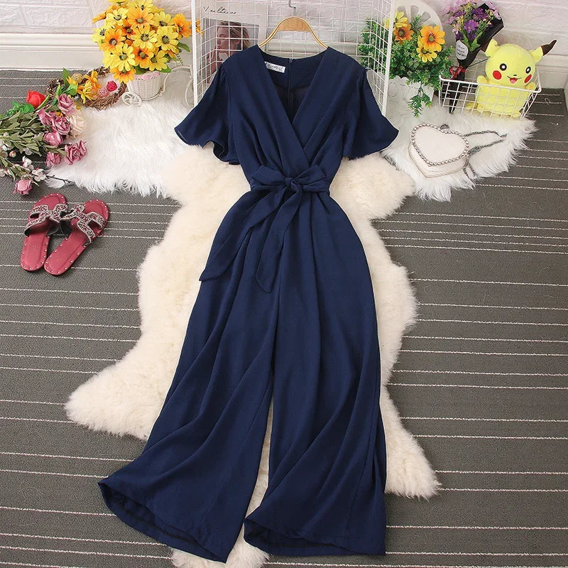 2026 New Summer Korean Chic Solid V-neck Lace-up Pocket Jumpsuits Women Elegant Wide Leg Pants Back Zip Jumpsuit