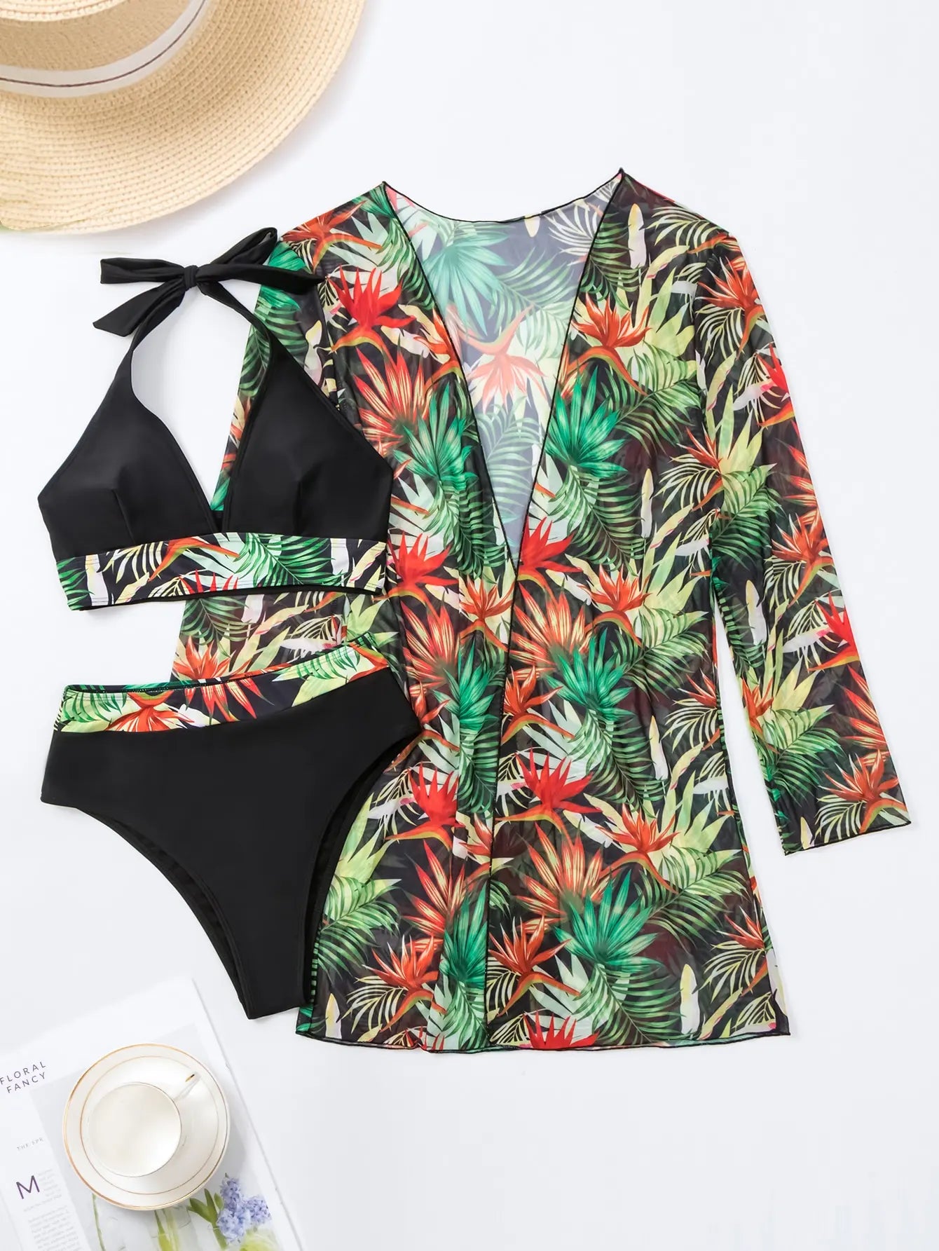 Halter Print Bikini Sets 3 STKS Vrouwen Badpak Met Kimono Hoge Taille Badmode Vrouwelijke Zwemmers Zwemmen Zwemmen Pak Beachwear