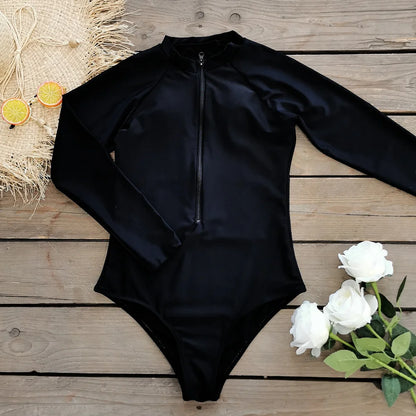 2025 Surfing Sport Swimsuit Long Sleeves Women One Piece Swimsuit  Swimwear Solid Monokini Bathing Suit Tropical Bodysuit Female