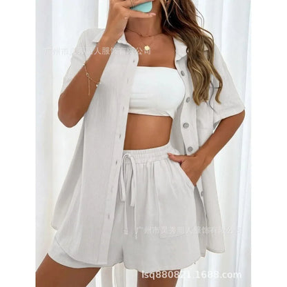 Fashion Black Short Sleeve Shirt And Shorts Two Piece Sets Women 2025 Summer Cotton Linen Casual Home 2 Piece Sets Women Outfit