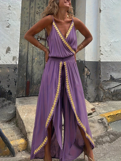 Paarse damesjumpsuit met bijgesneden omslag V-hals Hoge taille Gespleten benen Ideaal voor strandvakanties Avondwandelingen Boheemse stijlen