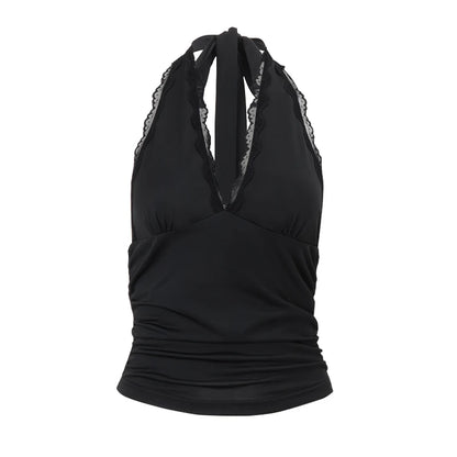 WhereMery V-Neck Sexy Lace Edge Halter Slim Backless Casual Solid Crop Tops Y2K Summer Fashion Streetwear Daily Sweet Cute Vest