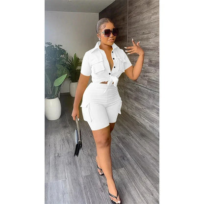 Streetwear tweedelige set voor dames zomeroutfits zakken korte mouw button-up shirt top korte sets party club bijpassende sets