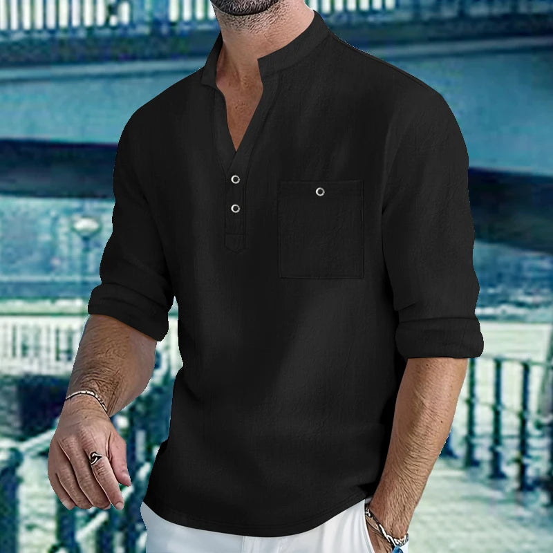 Men's Lightweight Shirts Long Sleeve Henley Cotton Linen Shirts for Male Beach Hawaiian V-neck Top Breathable Polo Shirts top